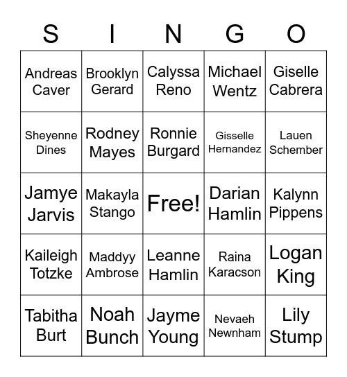 Concert Choir Singo Bingo Card