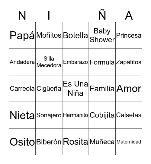 Zoila's Baby Shower Bingo Card