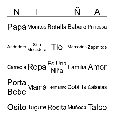 Zoila's Baby Shower Bingo Card