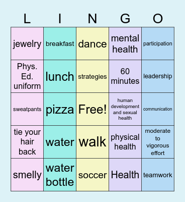 Health and Physical Education Bingo Card