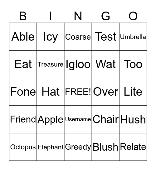 Phonics Bingo Card