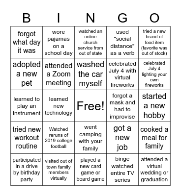 Things I did during COVID quarantine Bingo Card