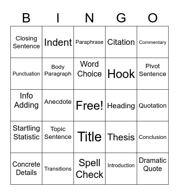 Essay BINGO Card