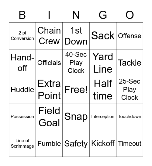 NFL Terminology Bingo Card