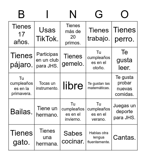 BINGO Español 4 Bingo Card