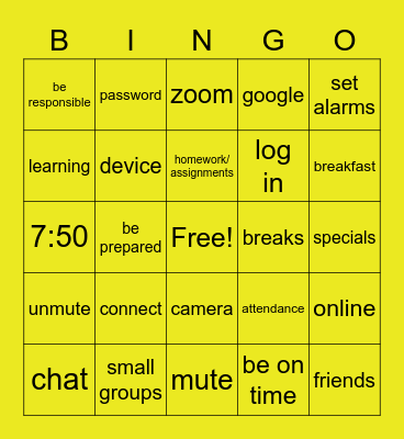 Back to School Remote Learning Bingo Card