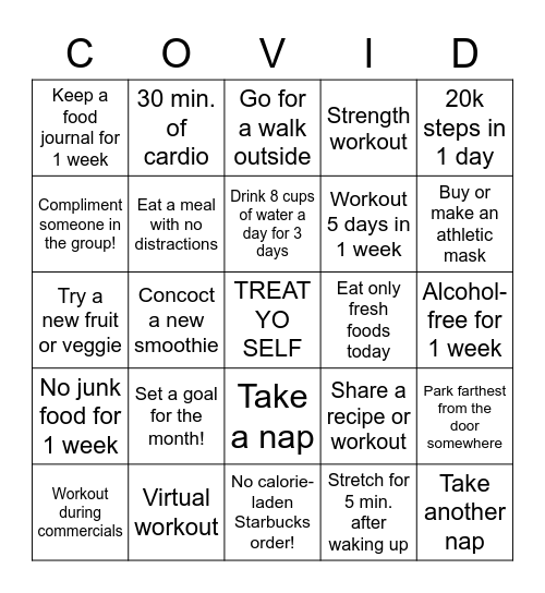 Quarantine-15 Health Challenge Bingo Card