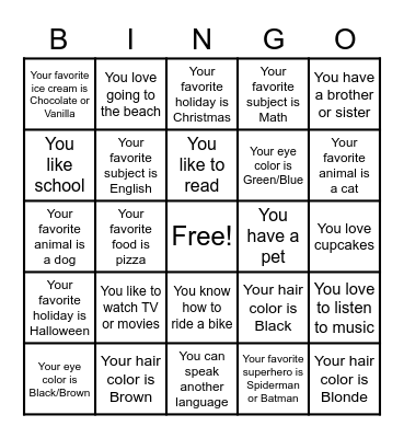 Getting To Know YOU! Bingo Card