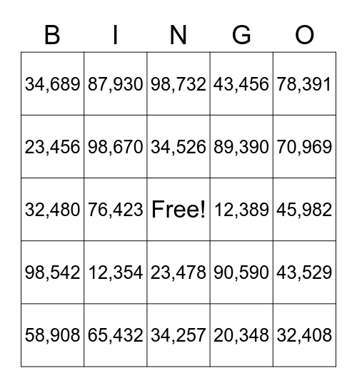 Place Value Bingo Card