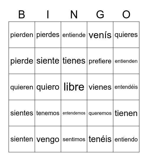 E-IE Verbs (-er) Bingo Card