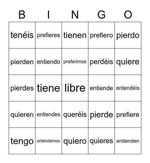 E-IE Verbs (-er) Bingo Card