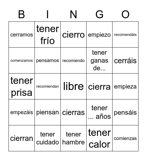 E-IE Verbs(-AR)/Tener Expressions Bingo Card