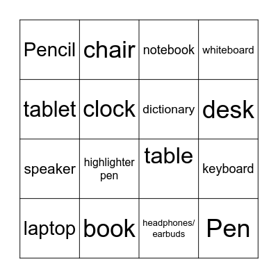 Online Classroom Vocabulary Bingo Card