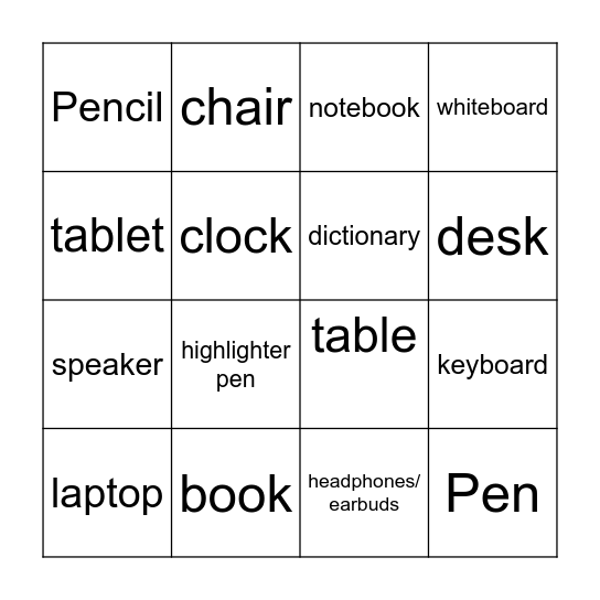 Online Classroom Vocabulary Bingo Card