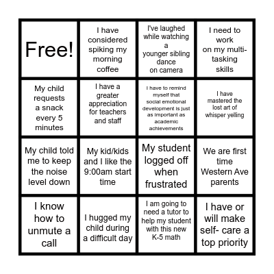 Virtual Learning Bingo Card