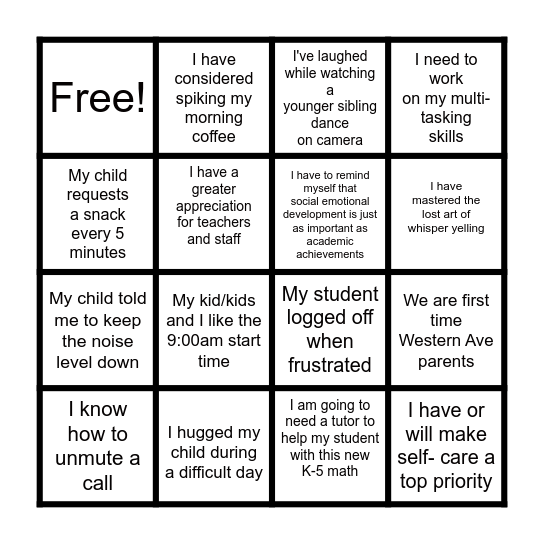 Virtual Learning Bingo Card