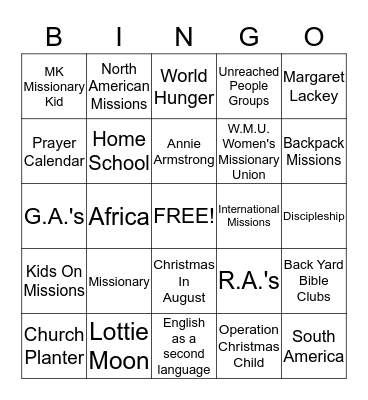 Children In Action Bingo Card