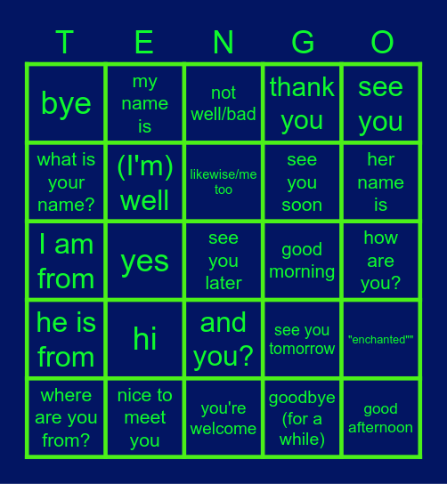 Spanish 1 U1: Greetings Review Bingo Card