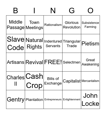 Colonial Bingo Card