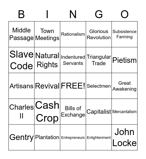 Colonial Bingo Card