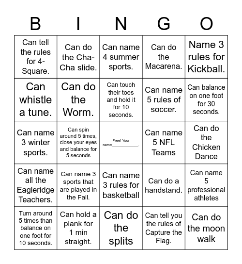 Physical Education Bingo Card