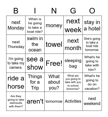 Unit 8 On Vacation Bingo Card