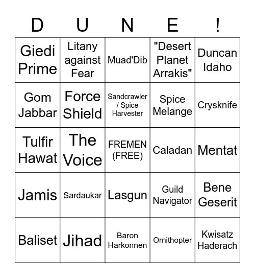 Dune Trailer Bingo! Bingo Card