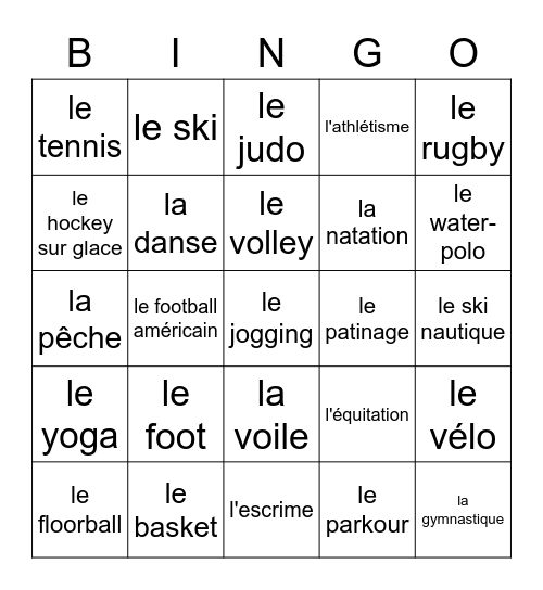 Faire du sport Bingo Card