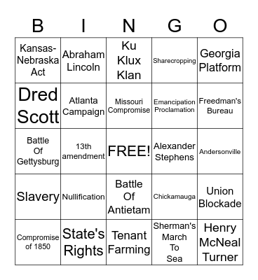 Unit 5 The Civil War Bingo Card