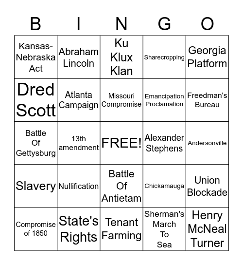 Unit 5 The Civil War Bingo Card