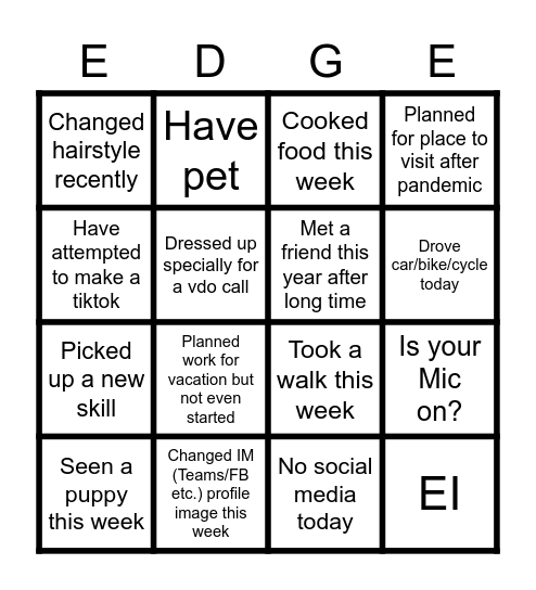 EI Team Activity Bingo Card