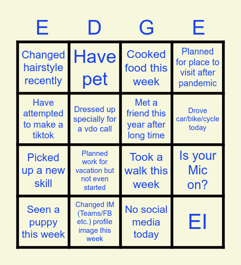 EI Team Activity Bingo Card