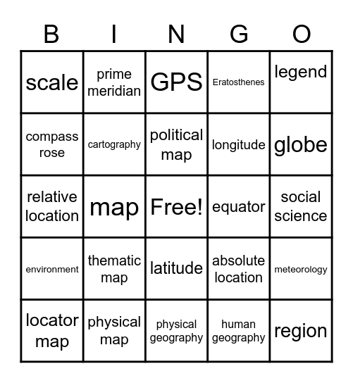Geography Module 1 Bingo Card