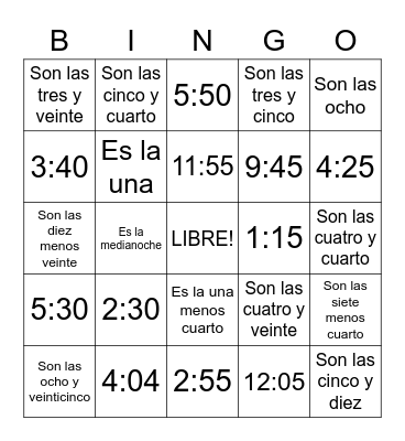 Que Hora es? Bingo Card