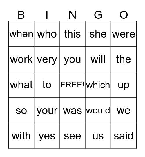 High Frequency word Bingo 1 Bingo Card