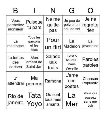 Chansons Françaises Bingo Card