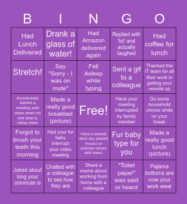 Remote Work Bingo Card