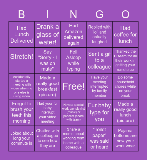 Remote Work Bingo Card