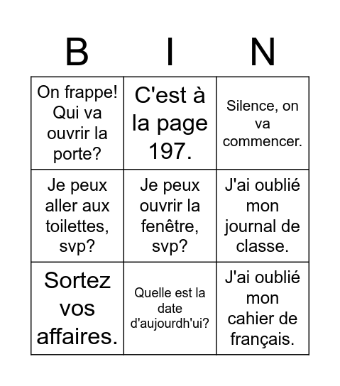 Le français en classe Bingo Card