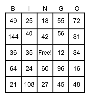 Multiplication Math Bingo Card