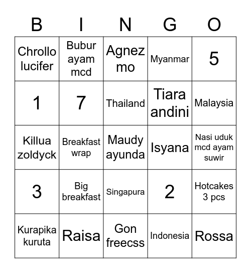 Zidan Bingo Card
