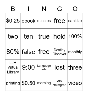 Library Orientation Bingo Card