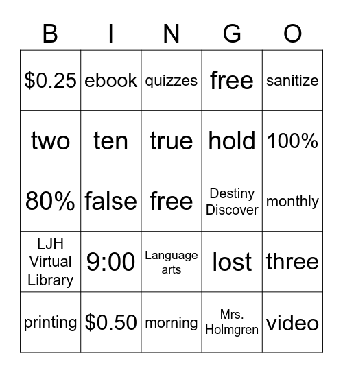 Library Orientation Bingo Card