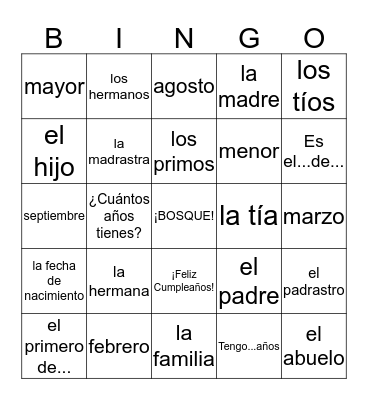 Español 1 - U3L2 Bingo Card