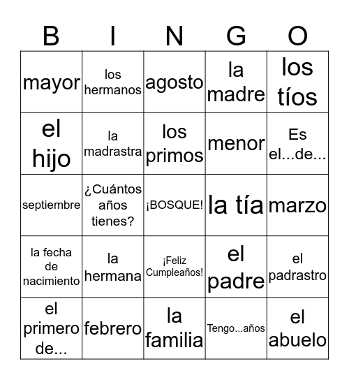 Español 1 - U3L2 Bingo Card