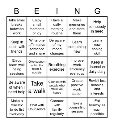 Wellbeing Bingo Card