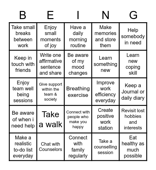 Wellbeing Bingo Card