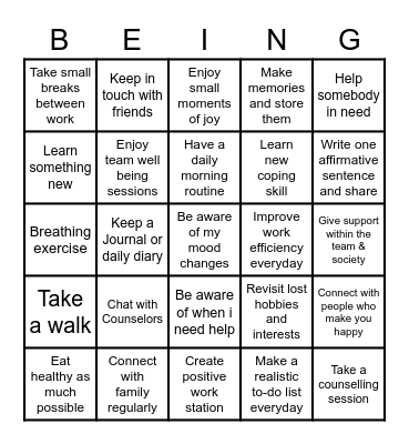 Wellbeing Bingo Card