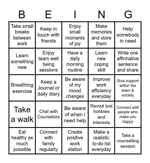 Wellbeing Bingo Card