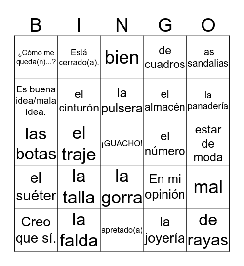 Español 2 - U3L1 Bingo Card